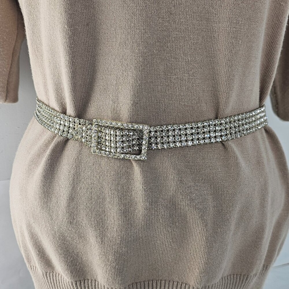 1940s US Zone Germany White Glass Paste Rhinestone Mesh Belt 28" Silver
